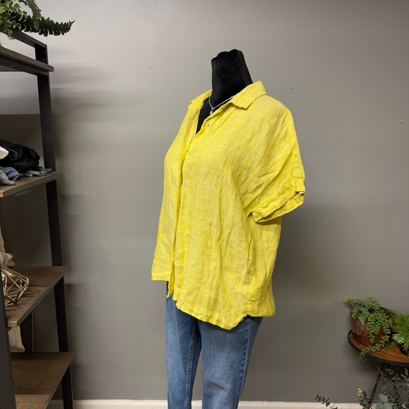 Rachel Roy yellow linen button down short sleeve shirt womens small summer - Picture 4 of 8